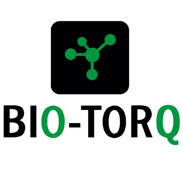 Logo of BIO-TORQ with a black square and green molecular structure on a white background